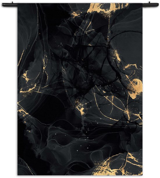 Mezo Wandkleed Abstract Marmer Look Zwart met Goud 05 Rechthoek Verticaal XL (210 X 150 CM) - Wandkleden - Met roedes