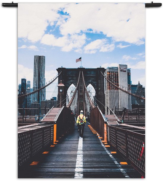 Mezo Wandkleed Brooklyn Bridge New York Daglicht Rechthoek Verticaal XL (210 X 150 CM) - Wandkleden - Met roedes