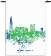 Velours Wandkleed Skyline Groningen Watercolor Paint Rechthoek Verticaal M (125 X 90 CM) - Wandkleden - Met roedes