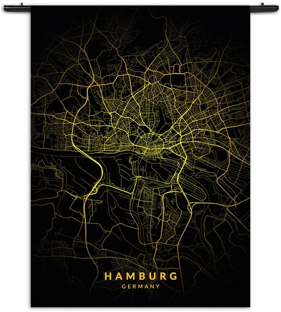 Velours Wandkleed Hamburg Plattegrond Zwart Geel Rechthoek Verticaal S (85 X 60 CM) - Wandkleden - Met roedes