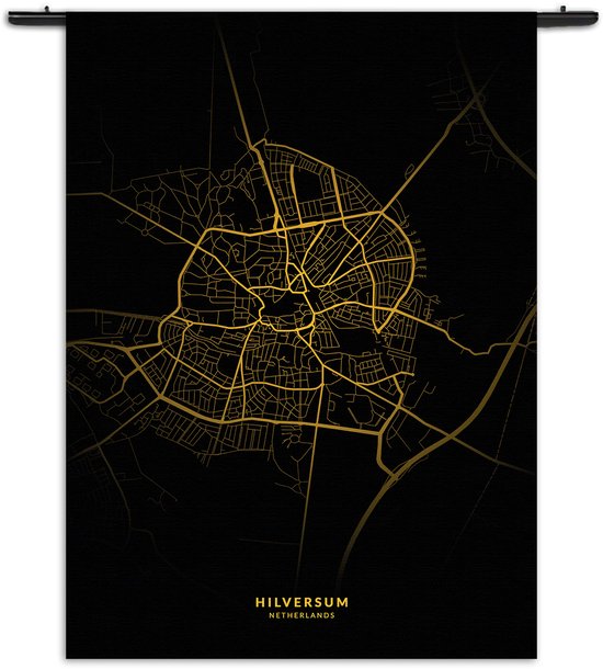 Mezo Wandkleed Hilversum Plattegrond Zwart Geel Rechthoek Verticaal S (85 X 60 CM) - Wandkleden - Met roedes