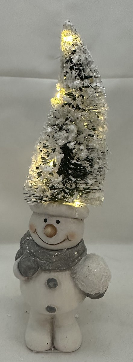 Kerstbeeld sneeuwpop met Kerstboom op hoofd - Kerstboom met LED - met warm witte LED - wit + grijs & glitters - Keramiek - hoogte 24x8x7cm - Kerstdecoratie - Woonaccessoires