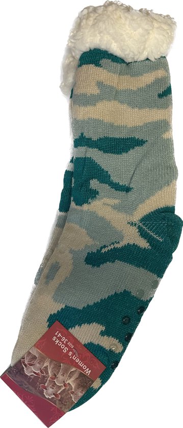 Huissokken - Camouflage - Combat - Heerlijk warm - Antislip Zool - Gevoerd met Imitatie wol - Maat: 36-41 - Groen/Ecru