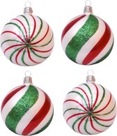 Hippe Gedecoreerde Kerstballen Wit, Rood en Groen - Doosje van vier kerstballen van glas 8 cm