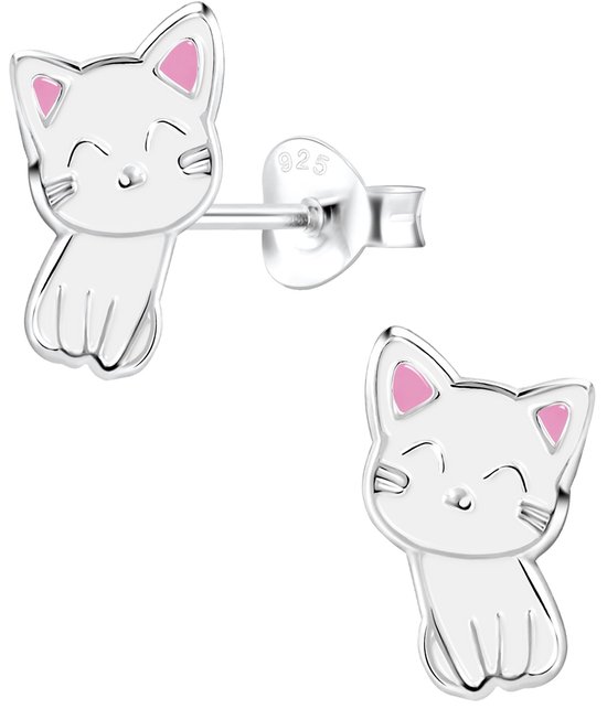 Joy|S - Zilveren kat poes oorbellen - wit - 8 x 12 mm