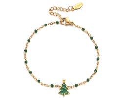 Plux Fashion Kerstboom Armband - Goud - 2mm/17cm + 3cm verlengstuk - Sieraden - Gouden Armband - Xmas Bracelet - Stainless Steel - Sieraden - Schakel Armband - Sieraden Cadeau - Luxe Style - Duurzame Kwaliteit - Kerst - Black Friday