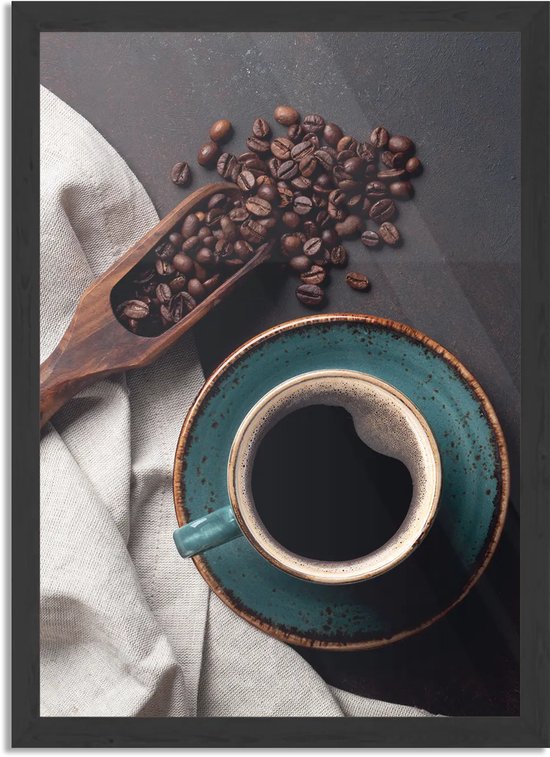 Poster Koffiebonen met Kop koffie Rechthoek Verticaal Met Lijst XL (50 X 70 CM) - Zwarte Lijst - Wanddecoratie - Posters