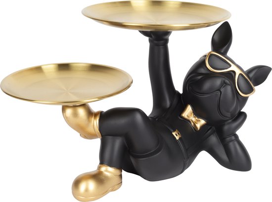 K&G Franse Bulldog Beeld - Kaarsenstandaard - Sleutelbakje - Sieraden Bakje - Kaarsenhouder - Zwart - Goud - Decoratie - Inclusief Zonnebril