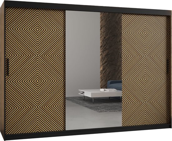 Zweefdeurkast met spiegel Kledingkast met 3 schuifdeuren Garderobekast slaapkamerkast Kledingstang met planken (LxHxP): 250x200x60 cm - Zali II (Zwart, 250)