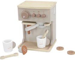 foto van Label Label - Houten Espresso Machine - Nougat - FSC Hout - Inclusief 2 Kopjes, 2 Lepeltjes, Melkcupje & Koffiepads - Geschikt voor Kindjes vanaf 3 Jaar