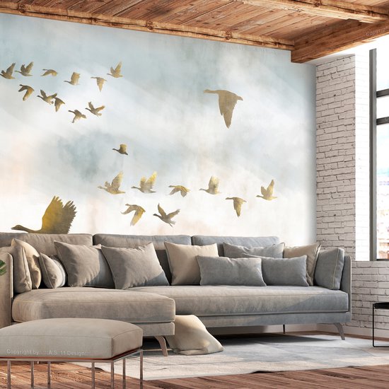 Foto: Fotobehangkoning behang vliesbehang fotobehang gouden ganzen in de wolken golden geese 150 x 105 cm