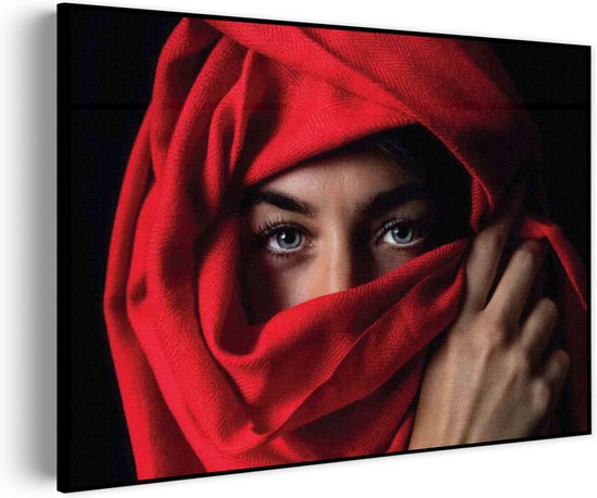 Tableau Acoustique Jeune Femme Arabe Avec Foulard Rouge Rectangle Horizontal Basic S (7 0x 50 CM) - Panneau acoustique - Panneaux acoustiques - Décoration murale acoustique - Panneau mural acoustique