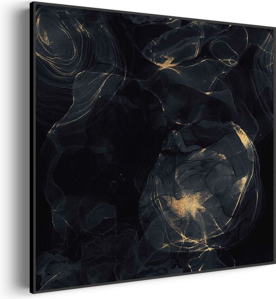 Akoestisch Schilderij Abstract Marmer Look Zwart met Goud 02 Vierkant ...