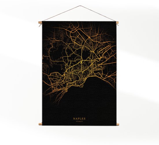 Textielposter Naples Napels Plattegrond Zwart Geel XL (125 X 90 CM) - Wandkleed - Wanddoek - Wanddecoratie