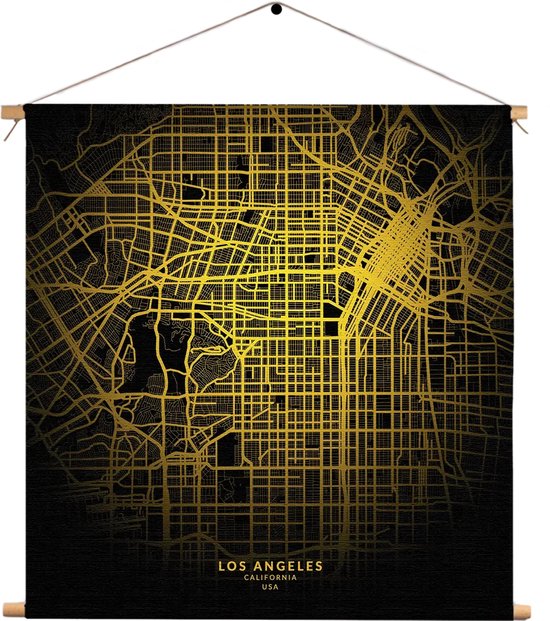 Textielposter Los Angeles Plattegrond Zwart Geel Vierkant XXXL (120 X 120 CM) - Wandkleed - Wanddoek - Wanddecoratie