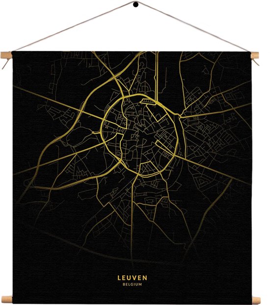 Textielposter Leuven Plattegrond Zwart Geel Vierkant M (30 X 30 CM) - Wandkleed - Wanddoek - Wanddecoratie
