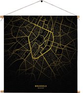 Textielposter Brussels Plattegrond Zwart Geel Vierkant XXL (90 X 90 CM) - Wandkleed - Wanddoek - Wanddecoratie