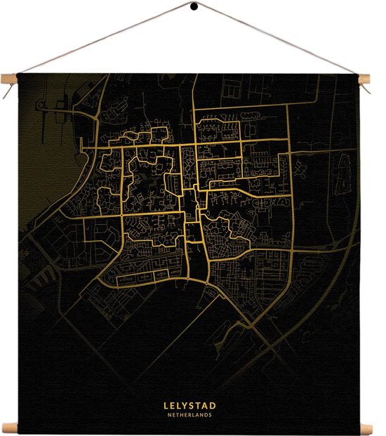 Textielposter Lelystad Plattegrond Zwart Geel Vierkant L (45 X 45 CM) - Wandkleed - Wanddoek - Wanddecoratie