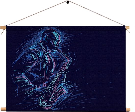 Textielposter Kleurrijke Saxofonist 02 Rechthoek Horizontaal XXL (85 X 120 CM) - Wandkleed - Wanddoek - Wanddecoratie