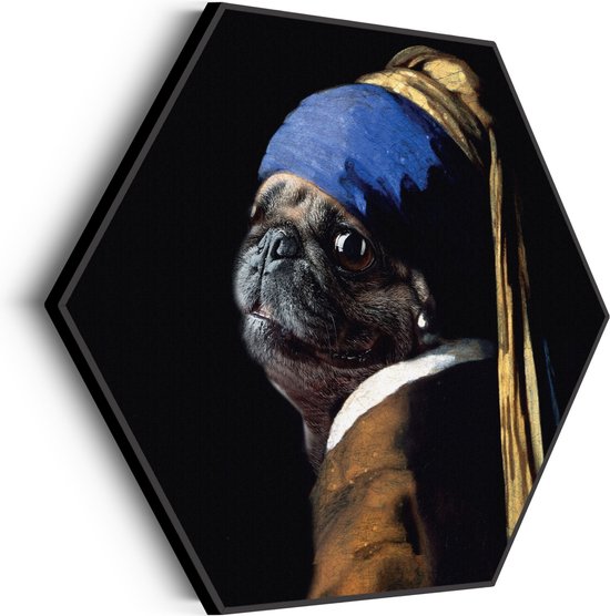 Akoestisch Schilderij Menselijke Bulldog Hond Als Meisje Met De Parel Hexagon Basic XL (140 X 121 CM) - Akoestisch paneel - Akoestische Panelen - Akoestische wanddecoratie - Akoestisch wandpaneel