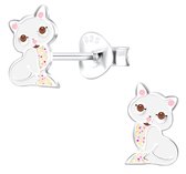 Joy|S - Zilveren kat poes oorbellen - 5 x 8 mm - wit met glitterbuikje - roze oortjes - kinderoorbellen