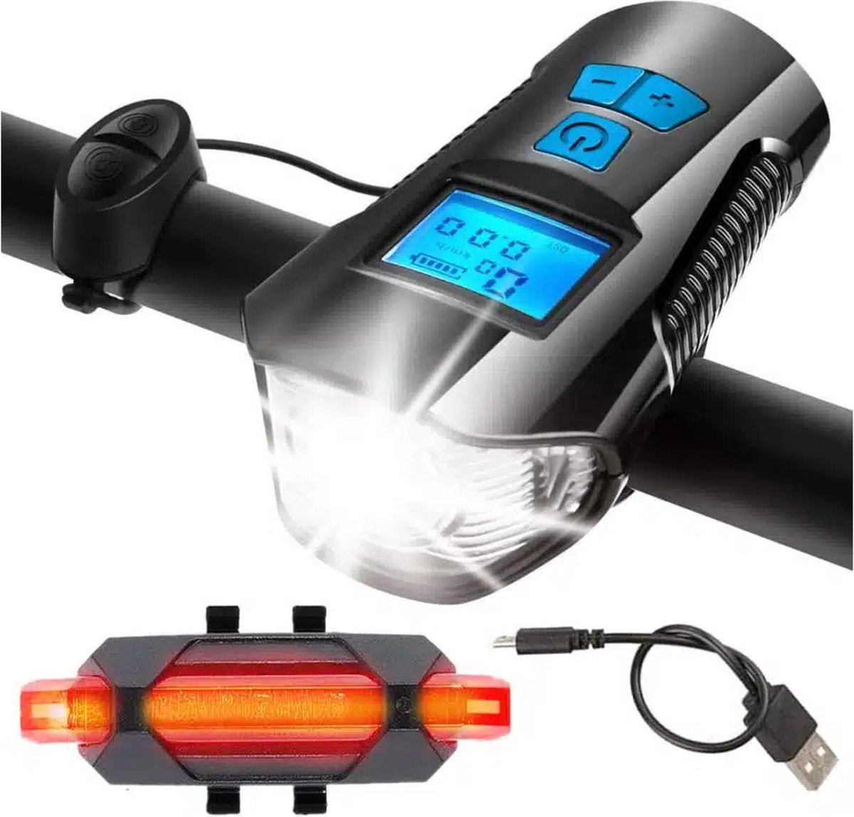 Premium Oplaadbare Fietslamp met Snelheidsmeter, Achterlicht en Hoorn - 1500mAh Batterij