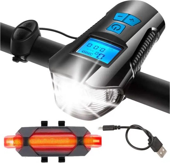 Éclairage de vélo rechargeable Premium avec compteur de vitesse, feu arrière et klaxon - Batterie 1500 mAh