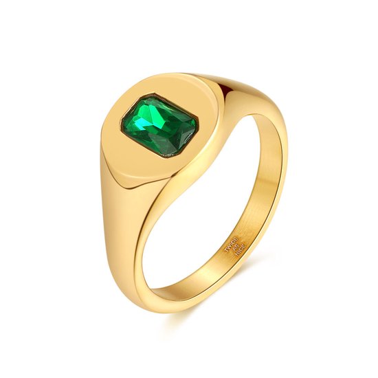 Twice As Nice Ring in goudkleurig edelstaal, groene rechthoek 56