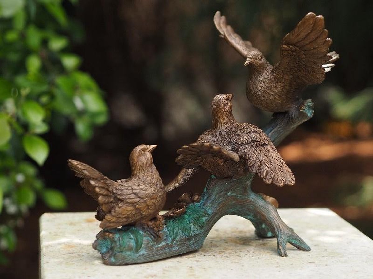 Sculpture Bronze Oiseau sur une branche assis avec pierre naturelle Jardin Décoration