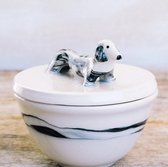 Teckel - hond - porselein - suikerkom - suikerpot - suiker - zout - zout kom - zwart - wit - sieraden kom - marble look - kom - pot - voorraadpot