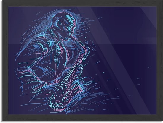 Poster Kleurrijke Saxofonist 02 Rechthoek Horizontaal Met Lijst XL (70 X 50 CM) - Zwarte Lijst - Wanddecoratie - Posters