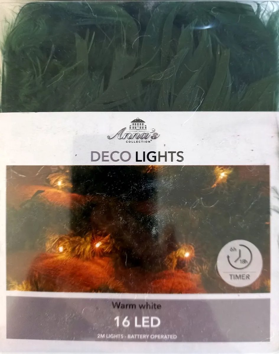 Anna's Collection - Deco Lights - 2 stuks - donker groen - verenslinger - kerstslinger - boa - lichtslinger - Lengte 2 meter - 16 LED lichtjes