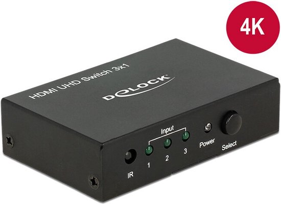 Zwarte Delock HDMI UHD schakelaar 3x1 met 4K-sticker, IR, 3 groene indicatielampjes en Select knop.