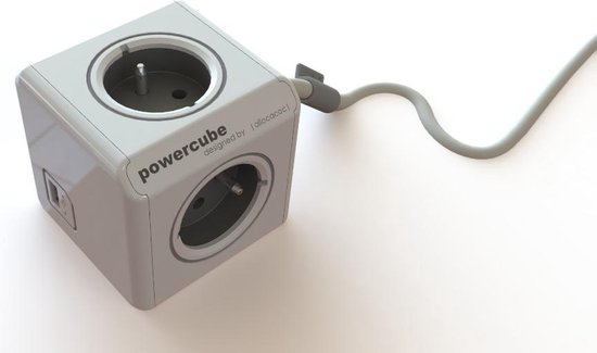 DesignNest PowerCube Extended Duo USB - Type E met aardepin (België) - 1.5 meter kabel - Wit/Grijs - 3 stopcontacten - 2 USB laders - stekkerdoos - stekkerblok - telefoonlader - oplader