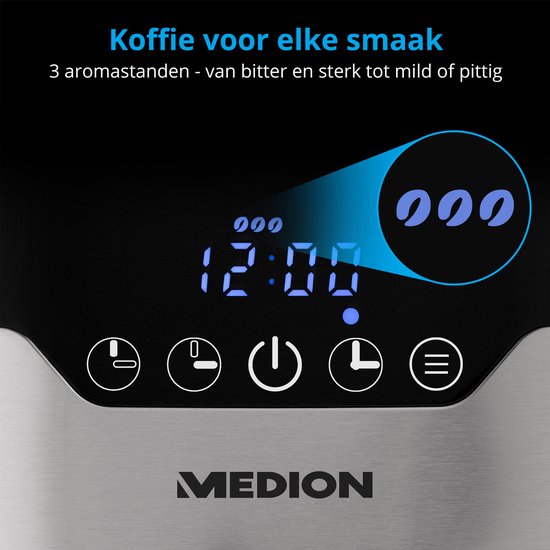 MEDION MD 18458 - Cafetière filtre programmable avec carafe isotherme - 900 Watt - 1,2 Litres - Argent