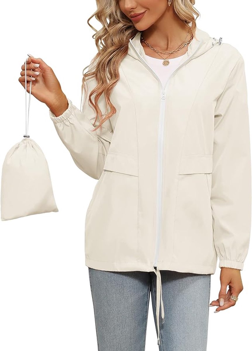 Dames regenjas outdoor regenjas rits lange regenjas ongevoerd windjack vrouwen vrouwen herfst winter effen kleur capuchon zakken waterdichte winddichte jas 90s jas vrouwen, Oranje, XL