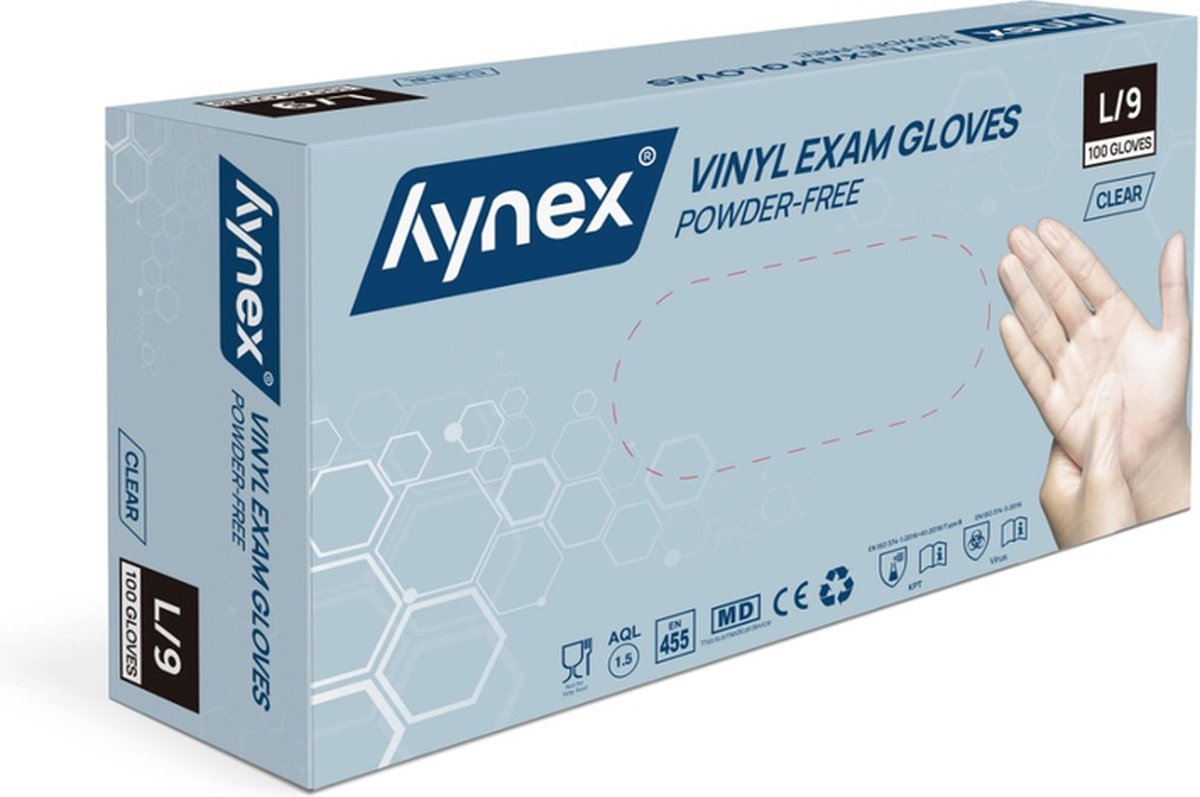 Goedkoopste Hynex Vinyl Handschoenen maat L Poedervrij transparant/ wit 4,5gr MD - 100/box