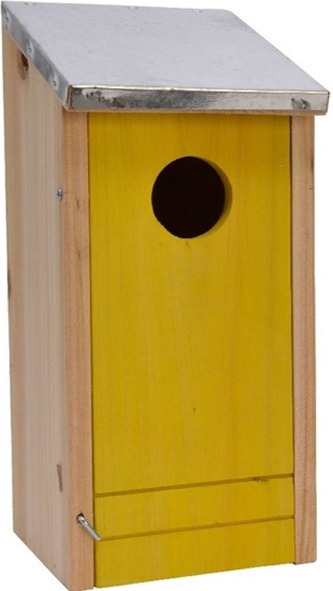 Houten vogelhuisje/nestkastje met gele voorzijde en metalen dakje 26 cm - Vogelhuisjes tuindecoraties