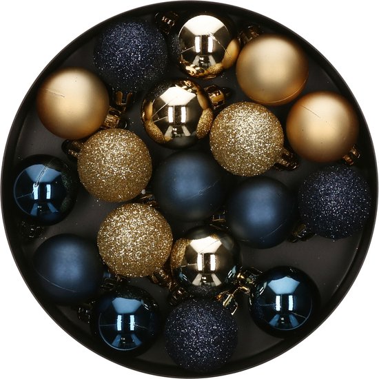 Un bol rond gris foncé rempli de 18 boules de Noël dorées, bleu foncé et noires. Certaines boules sont brillantes, d'autres mates et certaines pailletées.