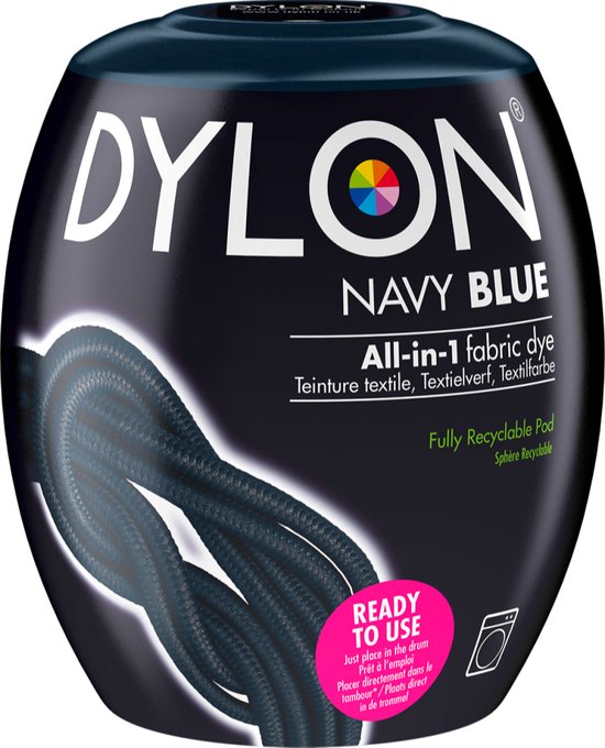 Pod de teinture textile Dylon Bleu Marine Tout-en-1 avec texte et symbole de recyclage.