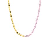 Lucardi Dames Stalen goldplated ketting met roze kralen - Ketting - Staal - Goudkleurig - 46 cm