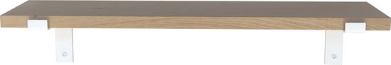 GoudmetHout - Massief eiken wandplank - 180 x 20 cm - Licht Eiken - Inclusief industriële plankdragers L-vorm MAT WIT - lange boekenplank