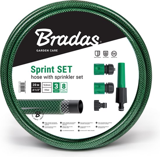 Foto: Bradas tuinslang sproeiset sprint 1 2 20m met accessoires groen drielaags compleet