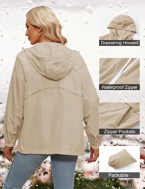 Rapbin regenjas voor dames, waterdichte jas, lichtgewicht regenjassen, outdoor regentrenchcoat, opvouwbare regenjassen met capuchon en zak, roze, XXL