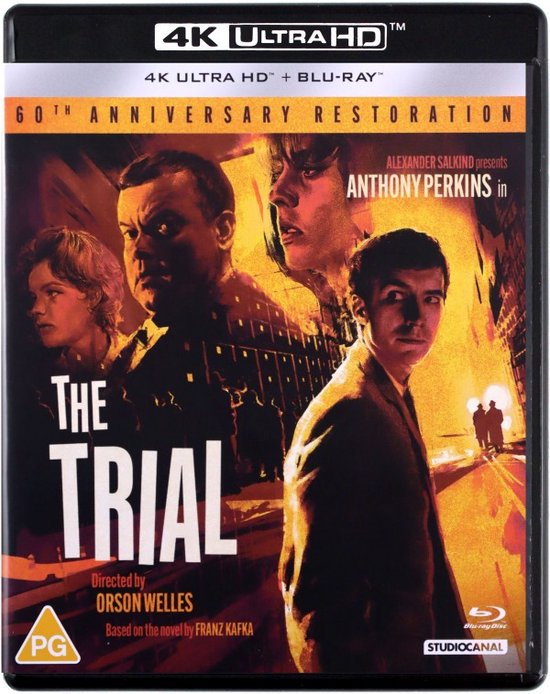 4K Ultra HD Blu-ray hoes van de film 'The Trial'. Toont vier gezichten in close-up met de titel onderaan.
