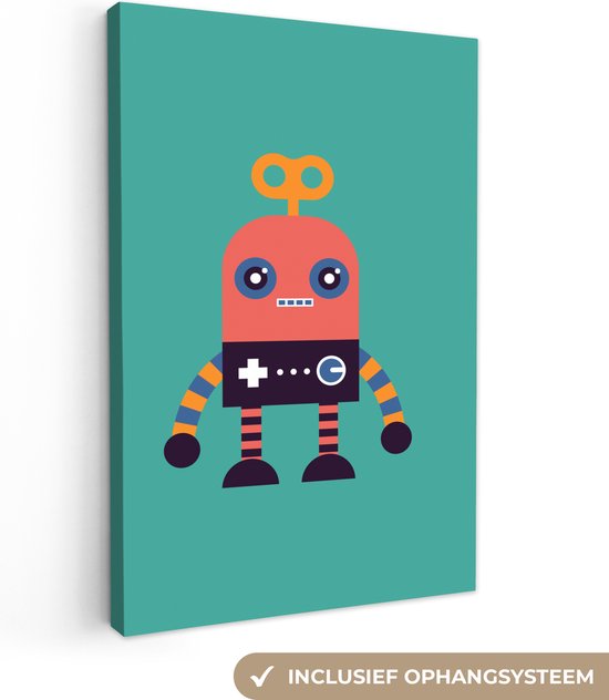 Peinture sur toile enfants - Décoration murale chambres d'enfants - Robot - Jouets - Vert - 20x30 cm - Toile enfants - Décoration murale