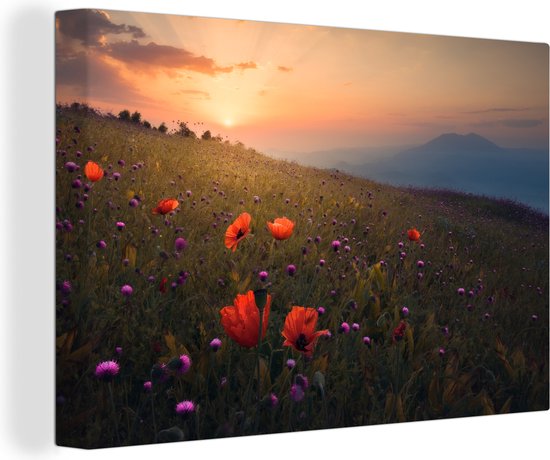 Canvas Schilderij Bloemenveld - Gras - Bloemen - Planten - Zonsondergang - Oranje - 90x60 cm - Wanddecoratie