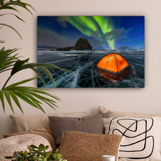 Tente sur la glace sous les aurores boréales toile 2cm 90x60 cm - Tirage photo sur toile (Décoration murale salon / chambre) / phénomènes naturels Peintures sur toile