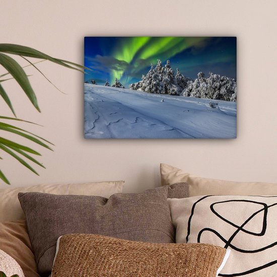 Aurores boréales au-dessus d'un paysage d'hiver avec des arbres toile 2cm 30x20 cm - petit - Tirage photo sur toile (Décoration murale salon / chambre) / phénomènes naturels Peintures sur toile