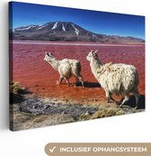 Canvas Schilderij Alpaca's - Rood - Berg - 60x40 cm - Wanddecoratie